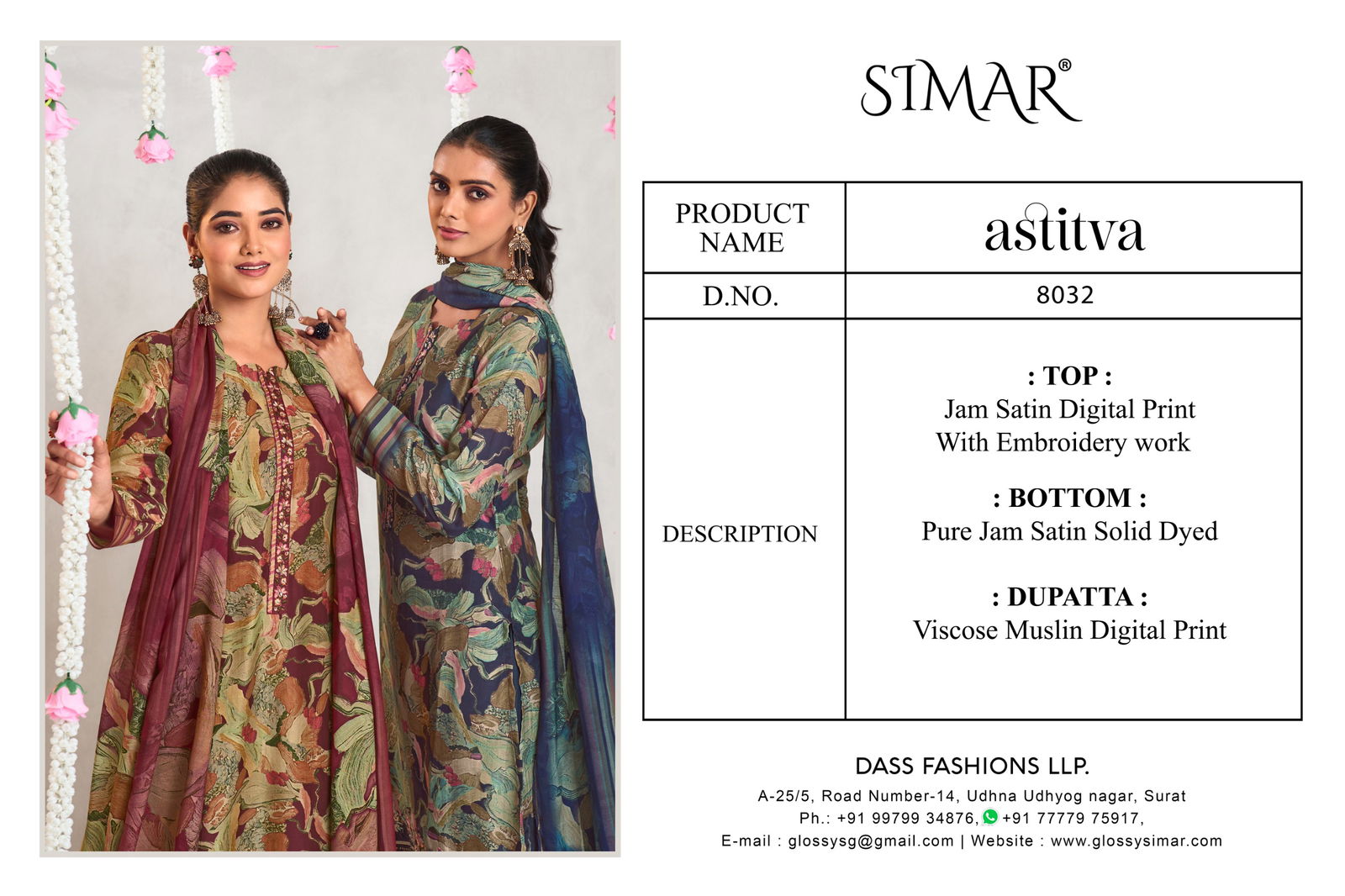 Astitva By Glossy Jam Satin Printed Embroidery Dress Material Exporters In India